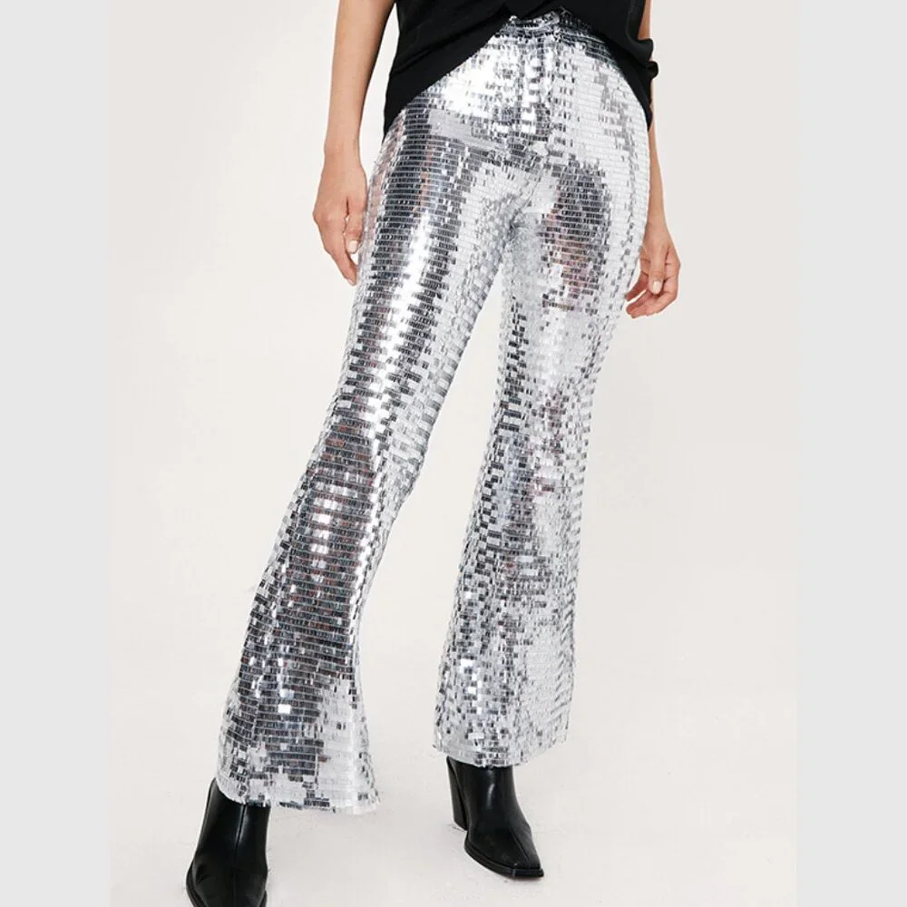NWT Nasty Gal 70s Sequin Disco Flare Pants - Picture 2 of 4